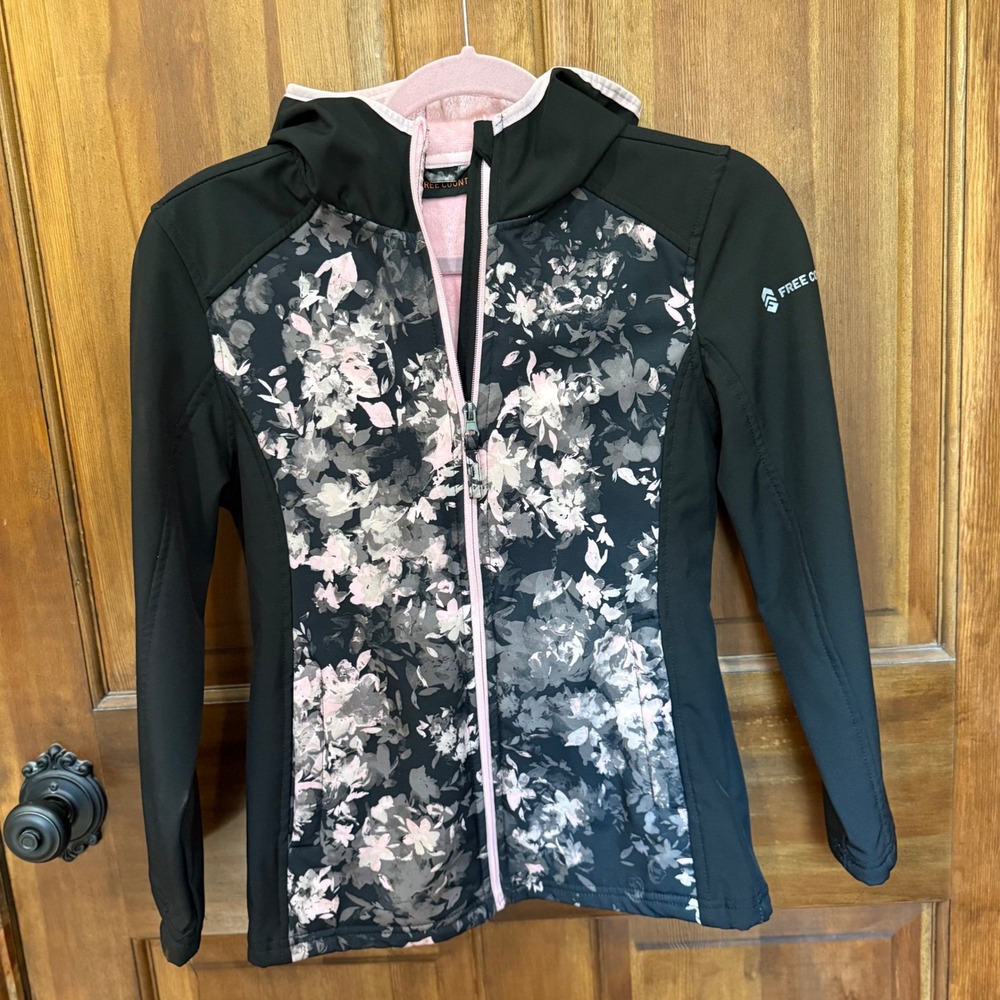 Free Country Girl Black Pink Floral Softshell Jacket Faux Fur Lined Hooded 14/16